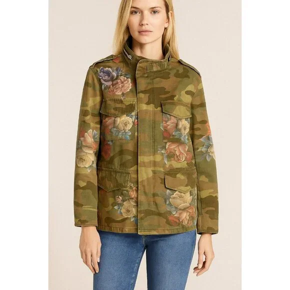 Floral Camouflage Military Style Jacket Jealous Tomato Utility Zipper Snap - Picture 14 of 14